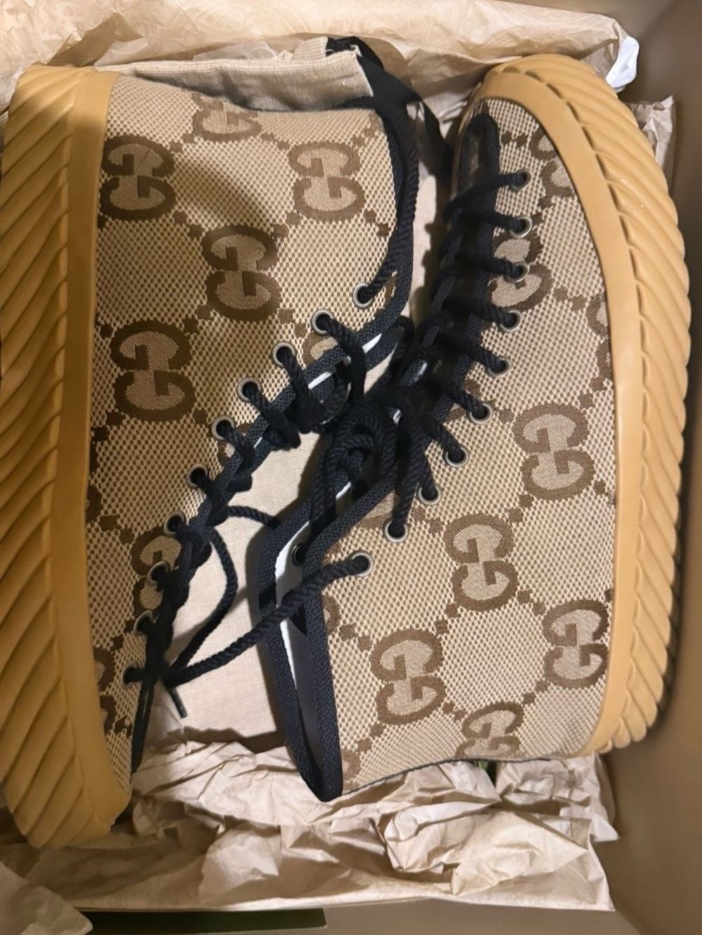 Gucci Beige Monogram High-Top Sneakers with Black Trim
